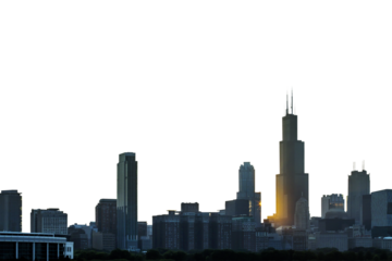 The Chicago skyline is captured in silhouette against a white background during sunrise, featuring iconic skyscrapers