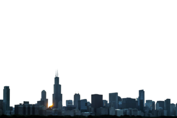 Silhouette of Chicago skyline at dusk with sunlight peeking through buildings, isolated on a white background, concept of cityscapes