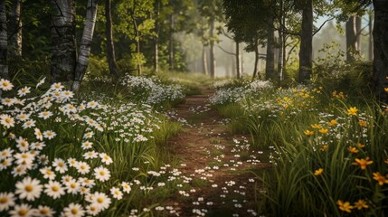 A hidden path through a forest, leading to a clearing filled with blooming wildflowers.