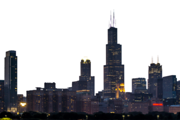 Chicago city skyline at dusk, featuring illuminated skyscrapers against a dark sky, conveys an urban cityscape concept