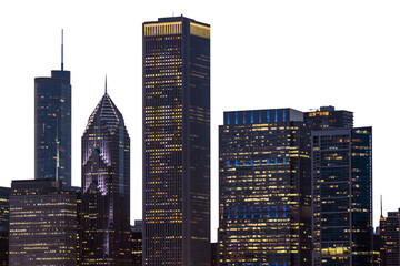 The photo captures the Chicago skyline at dusk with illuminated skyscrapers against a twilight sky,...