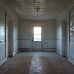 an empty room with white walls and wood floors