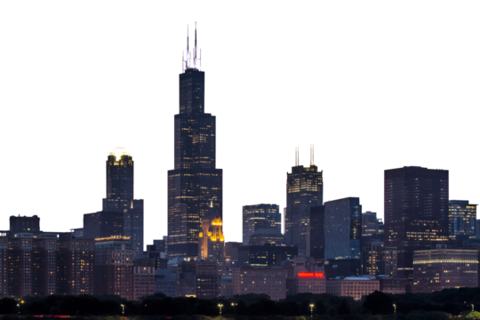 The Chicago skyline at dusk with illuminated buildings against a darkening sky, concept of city life