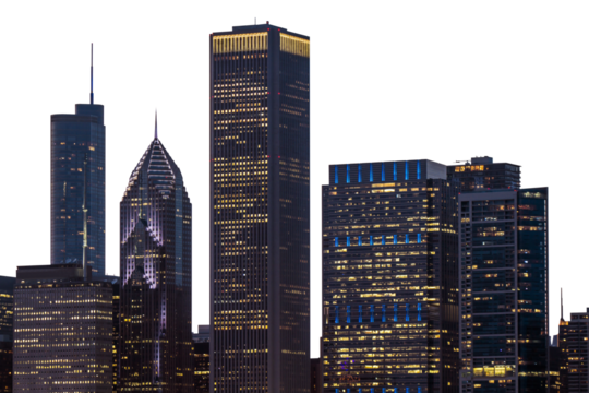 The photo captures the Chicago skyline at dusk with illuminated skyscrapers against a twilight sky, presenting a cityscape element for design or collage
