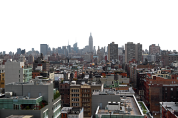 Manhattan skyline on an overcast day, featuring various buildings with the Empire State Building in the distance