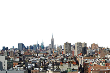 New York City skyline isolated on a white background, showcasing Manhattan skyscrapers