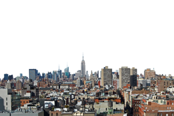 New York City skyline isolated on a white background, showcasing Manhattan skyscrapers