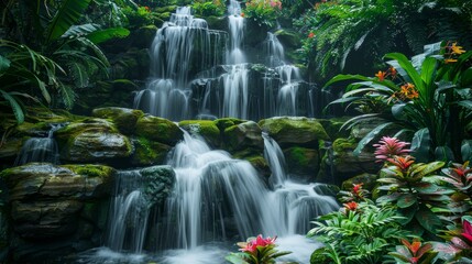 Obraz premium A hidden waterfall cascading down moss-covered rocks, surrounded by lush vegetation and vibrant flowers.