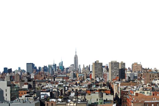 New York City skyline isolated on a white background, showcasing Manhattan skyscrapers