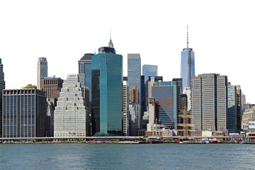 A photo of the New York City skyline with mixed architecture, on a clear day with blue sky and water in the foreground