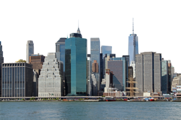 A photo of the New York City skyline with mixed architecture, on a clear day with blue sky and water in the foreground