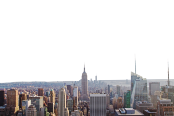The image shows the Manhattan skyline with skyscrapers on a white background, capturing the essence of NYC cityscape