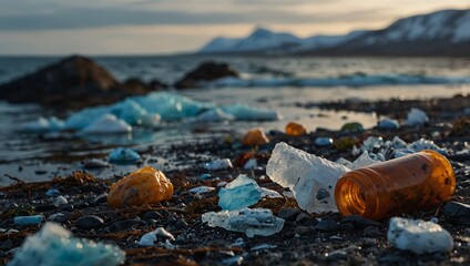 Obraz premium Polluted arctic shoreline with plastic waste.