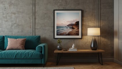 Mockup poster frame in minimalist modern interior living room background, copy space.
