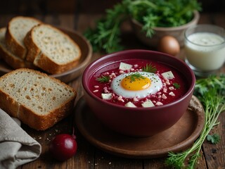 Cold beetroot soup okroshka with kefir served with eggs, dill and bread slices, rustic background, top view.