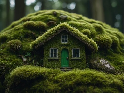 green macro house with moss texture on moss surface. - Powered by Adobe