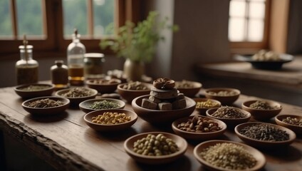 Concept of healthy life with many types of traditional Chinese medicine arranged on many wooden plates and on a paper Herbal medicine has played a very important role.