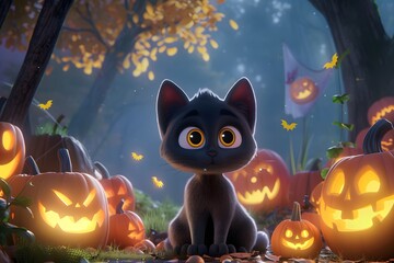 Fototapeta premium Adorable black kitten surrounded by glowing jack-o'-lanterns in a festive Halloween forest.