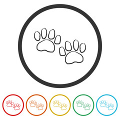 Paw print hand drawn icon. Set icons in color circle buttons