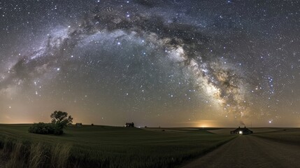A panoramic view of a starlit night sky over a peaceful prairie landscape with a farmhouse in the distance