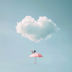 Bird on Pink Umbrella Hanging from Cloud