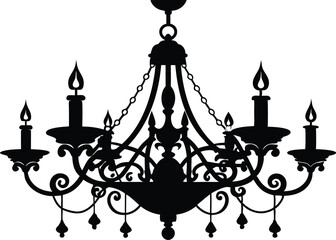 Chandelier silhouettes, candelabra with candlesticks and crystal lamp lights, vector icon