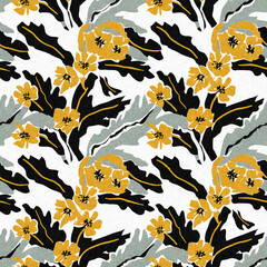 Modern printed fabric wildflower blockprint pattern with linen fabric textures. Stylized hand drawn boho dark florals for decorative design elements in repeatable background tile.