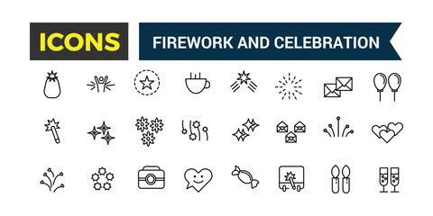 Firework and Celebration icons set. Outline icons pack. Editable vector line icon set and illustration for web and UI application.