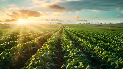 Vast Agricultural Field with Efficient AI Driven Irrigation System at SunriseSunset