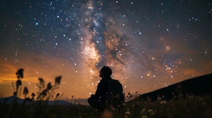 A silhouette of a hiker camping in a meadow, gazing upwards at a breathtaking night sky.