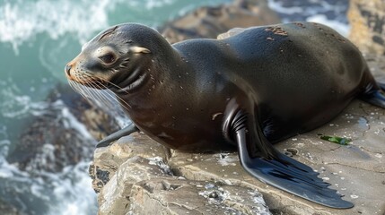 Fototapeta premium A sea lion basking in the sun on a rocky platform on a coastal cliff, with the ocean waves crashing below.
