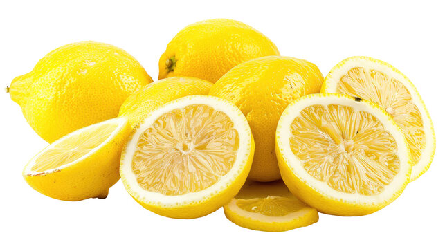Juicy lemons isolated on white background, whole and sliced