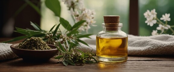 Natural organic oil and bottles with herbal cosmetics Home spa and beauty rituals.