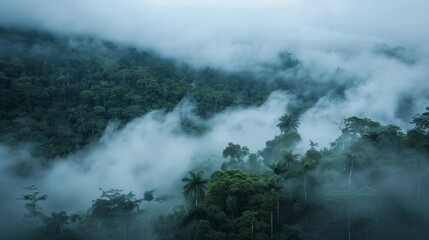 A thick fog blanketing the rainforest floor, creating a mysterious and ethereal feeling.