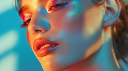 Female model filming a colorful cosmetics commercial, close-up. grooming. cosmetics photo, beauty industry advertising photo.