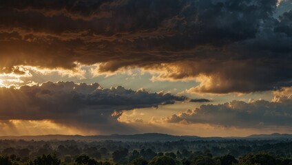 Fototapeta premium I imagine a serene landscape with a dramatic sky filled with clouds and the soft glow of the sun, casting a warm light over the scene The image captures the beauty of nature.