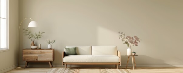 Minimalist living room with eco-friendly decor, organic materials, green living