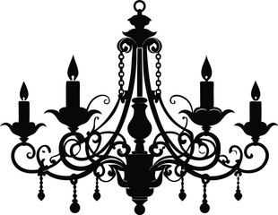 Chandelier silhouettes, candelabra with candlesticks and crystal lamp lights, vector icon