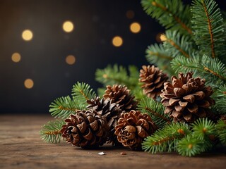 Fototapeta premium Christmas border with fir branches and pine cones.