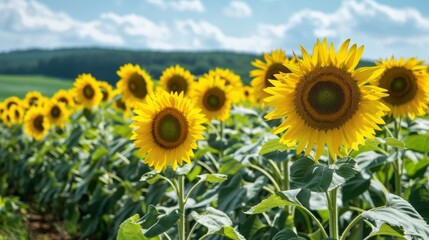Obraz premium A vibrant photo of a field of sunflowers stretching towards the horizon on a sunny summer day