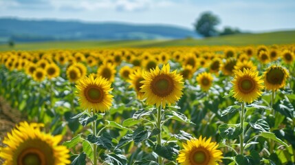 Fototapeta premium A vibrant photo of a field of sunflowers stretching towards the horizon on a sunny summer day