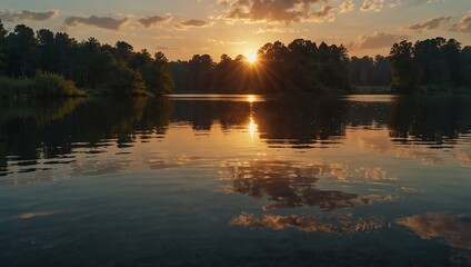 Fototapeta premium serene beauty of a sunrise reflected in the calm waters of a tranquil lake.