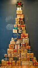 Illustration of a christmas tree made up from a stack of gift wrapped presents
