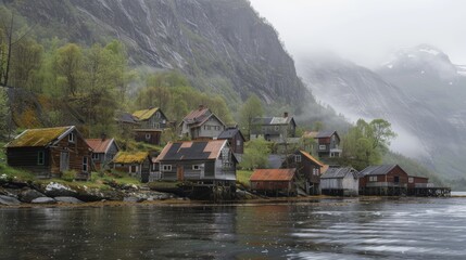 Obraz premium Abandoned fishing village nestled at the head of a fjord, nature reclaiming the buildings