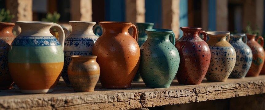 Display of traditional pottery in the colorful village of Margarites, famous for its handmade ceramic, Crete, Greece.