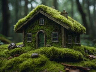 green macro house with moss texture on moss surface.