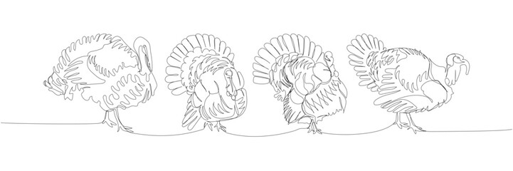 turkey set, poultry, bird one line art. Continuous line drawing of farm, nature, agriculture, farm animals, rural life, ranch.