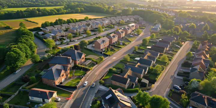 A new housing development is being built on greenbelt land in the UK. Shot from above by a drone 