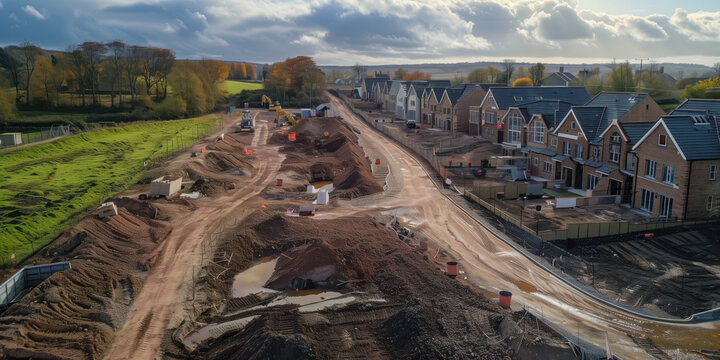 A new housing development is being built on greenbelt land in the UK. Shot from above by a drone 