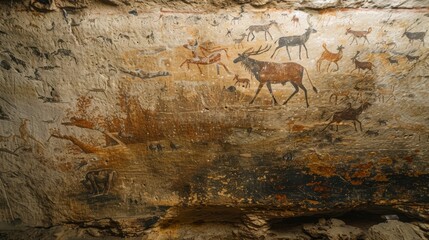 Obraz premium Cave paintings adorning the walls, depicting scenes of hunting, rituals, and animals, offering a glimpse into a past culture.